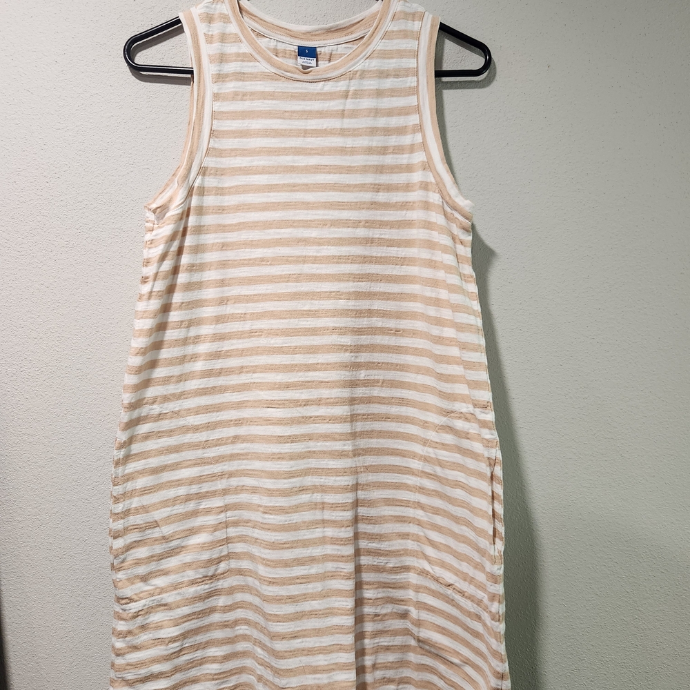 Old Navy Beige and White Striped Midi Dress